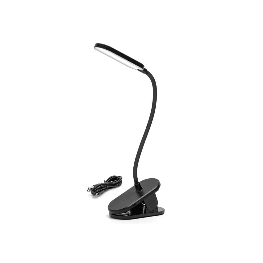 WatioWave Lámpara LED de pinza recargable negra con luz regulable, ideal para lectura, trabajo y ambientes con poca iluminación.
