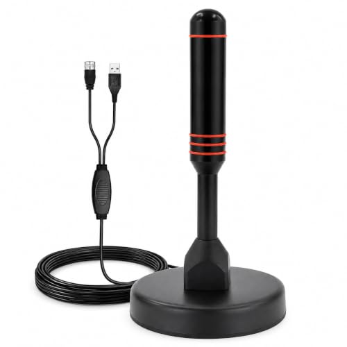 CABLEPELADO - Antena de TV Interior Portátil Digital TDT 360° | Amplificador de Señal Integrado Alimentación USB 5V | Base Magnética Cable Coaxial 3.5 m DVB-T2 4K 1080p | Negro