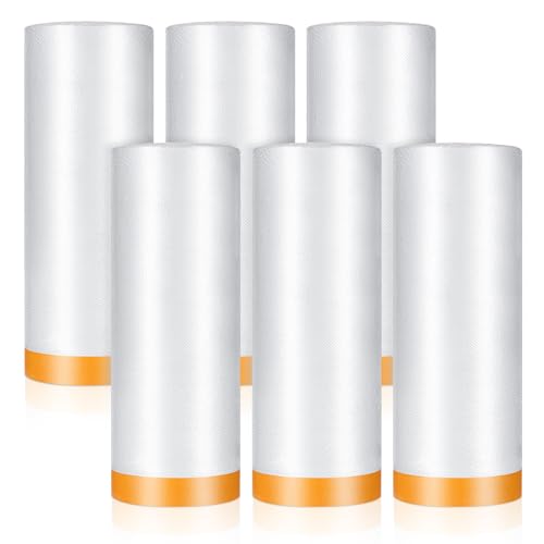Image of 6 Rolls 60 In x 65 Ft Painters Plastic With Tape, Pre-Taped Masking Film, Tape and Drape, Paint Adhesive Protective Film Roll for Automotive Painting Covering, Automotive Best Masking Tape Painting