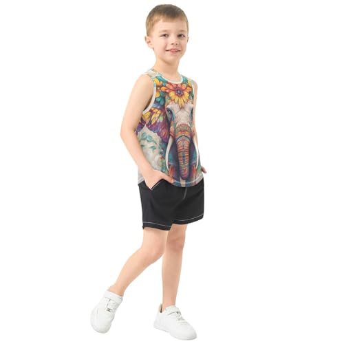 Boys Tank Top Shirts Flower Elephant Traditional Animal Sleeveless T-Shirts Crew Neck for Kids Clothing Children4