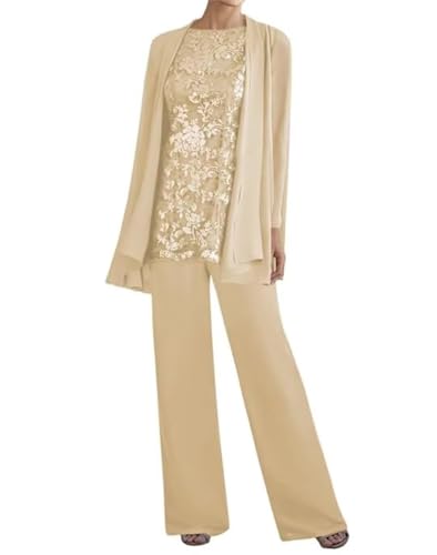 3 Pieces Mother of The Bride Pant Suits for Women Dressy Lace Wedding Formal Outfit with Jackets KW002