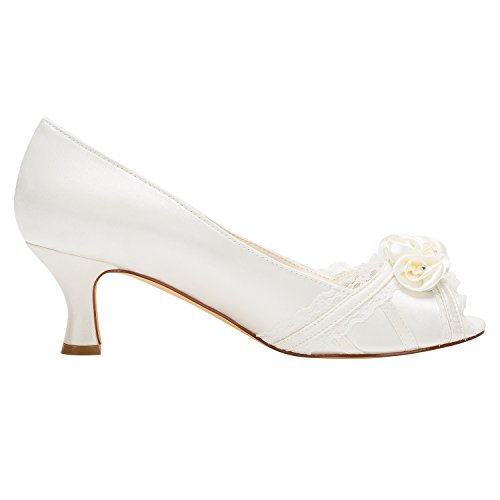 Emily Bridal Ivory Wedding Shoes Peep High Heel Lace Satin Flower Slip-on Bridal Shoes3