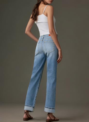 Sidefeel Women's Wide Leg Cuffed Jeans High Waisted Baggy Stretchy Denim Pants with Pockets4