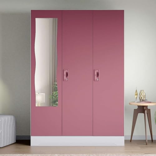 Image of Interio by Godrej Almirah Slimline 3-Door Steel Almirah, Cupboard for Clothes (Royal Ivory and Dusty Rose), 1-Year Warranty, 7 Shelves, 1 Locker, Curvilinear Mirror