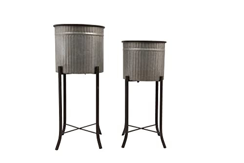 Creative Co-Op Farmhouse Round Corrugated Metal Planters On Stands, Set Of 2 Sizes, Silver And Black #TOP7