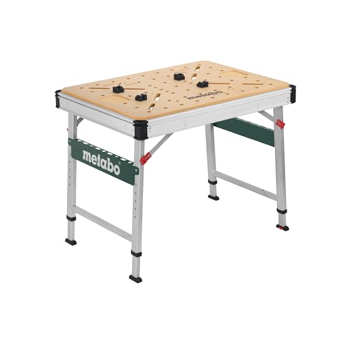 metabo Multifunktionstisch MWB 100 - Klappbare Werkbank mit Transporthandgriffen, höhenverstellbaren Beinen und Nivellierfuß, inkl. Zwingen, Bankhaken, Eckverbinder - Max. Traglast 120 kg