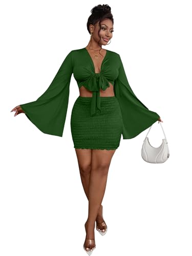 Image of LYANER Women 2 Piece Vacation Outfits Tie Knot Front Bell Long Sleeve Crop Top and Mini Skirt Summer Set