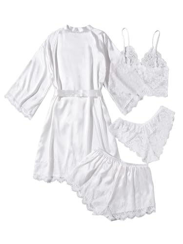 WDIRARA Women' Silk Satin Pajamas Set 4pcs Lingerie Floral Lace Cami Sleepwear with Robe2