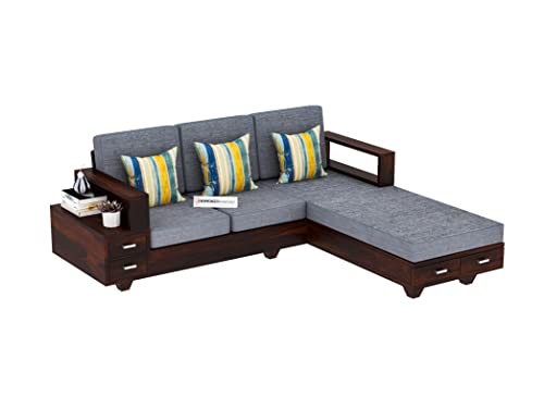Image of Sheesham Wood 4 Seater L Shape Sofa Set with 2 Drawer Storage | 3+1 Wooden Sofa Set Furniture for Living Room Home Office (Walnut Finish)
