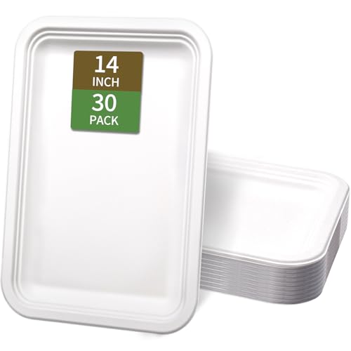 VEIZEDD 30Pack Compostable Food Trays 14 Inch Large Paper Plates Heavy Duty Disposable Trays for Seving Food BBQ Birthday Party Thanksgiving Turkey