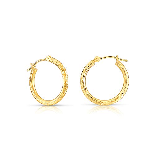 14k Yellow Gold Hand Engraved Diamond-cut Round Hoop Earrings