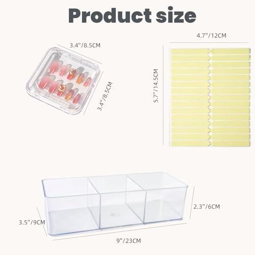 Image of Press on Nail Storage Set, 12 pcs Large 3.4 inch Boxes, 60 pcs Upgrade Adhesive Tapes, Clear Organizer with 2 Dividers
