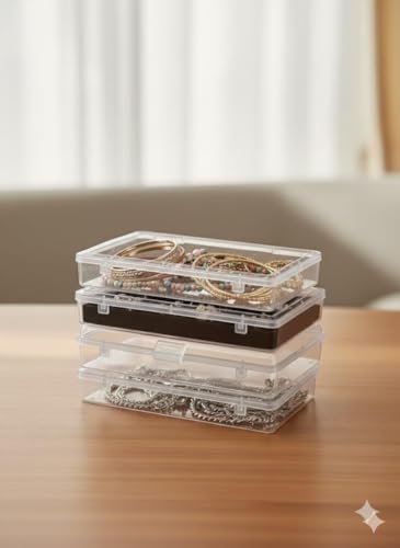 Image of Clear Plastic Storage Containers with Lock Lid Set of 6 (14x9x2.5cm) Rectangular Transparent Small Organizer Boxes for Jewellery Earrings Rings Beads Sewing Craft Portable Box for Home Office Travel