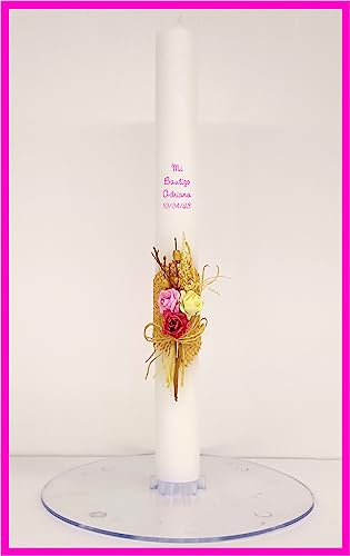 VELA (CIRIO) PARA BAUTIZO PERSONALIZADA NIÑA/NIÑO MEDIDA 3 x 30 CM DECORADA CON PICK FLORAL RÚSTICO ROSA. (PERSONALIZADA)