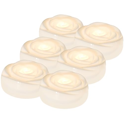 Aignis 6pcs Flameless LED Floating Candles, White Rose Plastic Tealights Battery Operated, 120+ Hours Glow Time, Cozy Light for Romantic Pool/Bathtub/Hot Bath/Wedding Centerpiece Decor(D2.83*H1.42)