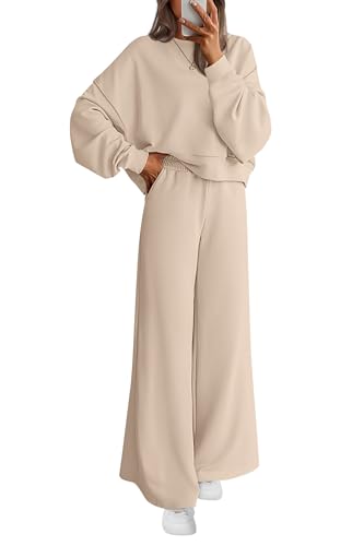 PRETTYGARDEN Women 2 Piece Outfits 2026 Spring Sweatsuits Crewneck Sweatshirt Wide Leg Sweatpants Lounge Sets Tracksuit(Beige,Medium)