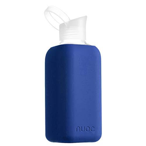 NUOC - Botella de Agua Cristal | 800 ml. | Azul Marino | Botella de Agua Reutilizable | Botella de Cristal | Funda de Silicona | Bebidas Frías y Calientes | sin BPA | Ecológica | Deporte, Oficina