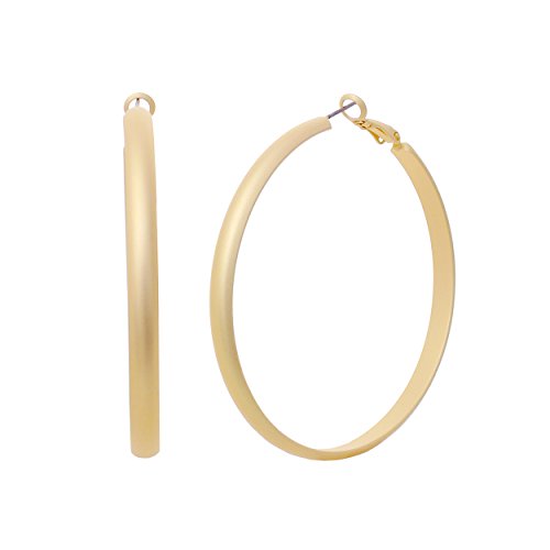 Rosemarie & Jubalee Womens Chic Stainless Steel With Matte Finish Side Silhouette Modern Flat Hoop Earrings With Hypoallergenic Omega Post Backs (60mm Gold Plated)