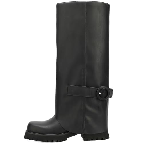 Women's Knee High Riding Boots Square Toe Chunky Low Heel Motorcycle Boots Slouchy Fold Over Moto Biker Boots for Women2