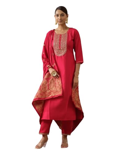 Image of Kaari Women's Embroidered Kurta Set with Pant & Dupatta | Ethnic Kurta Set for Women | Straight Fit | Round Neck | Festive, Wedding, Ceremony