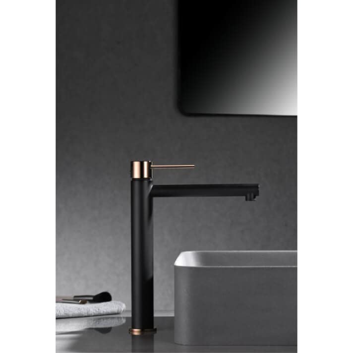 Mice - Grifo de lavabo con caño alto - Griferia monomando de baño de caño alto sobre encimera para lavamanos Color Negro Mate y Oro Rosa