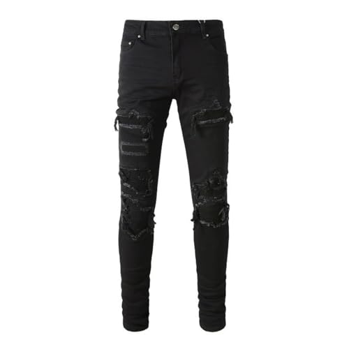 Jeans Pants Trouser Denim Trendy Street Patch Ripped Distressed Hole Retro Stretch Slim Fit Black Tight Casual Small Straight Leg for Men(Black,30)2