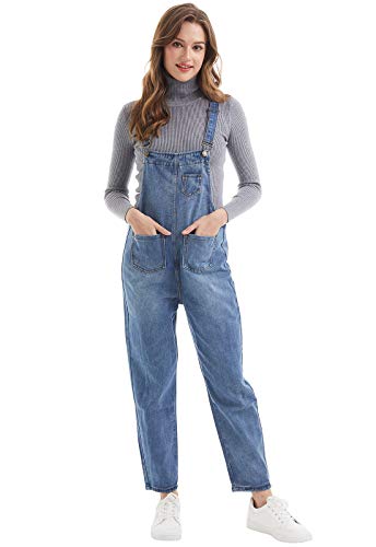 Spanye Women's Denim Bib Overalls Casual Baggy Jumpsuits Pants Plus Size Rompers Jeans Overall (Denim Blue, Medium)