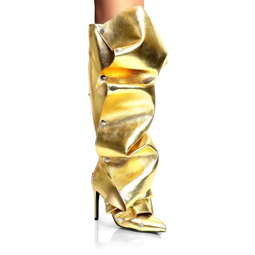 Liliana Women's Pointed Toe Stiletto High Heels Pleated Button Detachable Fold Over Slouchy Fashion Boots (RUNS SMALL)