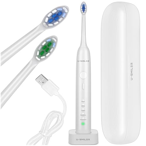 U-SMILER Cepillo de dientes sónico, con estuche de viaje, temporizador y 4 cabezales, 3 velocidades, cepillo de dientes eléctrico recargable, cepillo de dientes de viaje, IPX8, limpieza dental