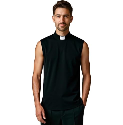 Clergy Shirts for Men Sleeveless Priest Shirt and Clergy Tab Collar Minister Priest Outfit Priest Costume Shirt Tops Black