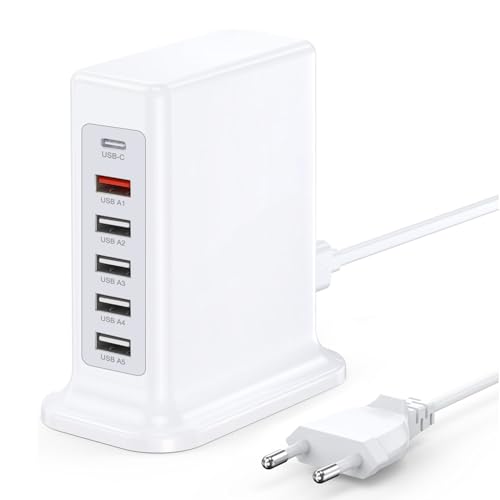 Cargador USB Multiple, Estacion de Carga USB, 6 Puertos (1 USBC y 5 USBA) Enchufe Cargador rápida multipuerto 55W Compatible con iPhone 16/15/14/13/12 Pro MAX/iPad/Galaxy S23/S22/Smartphone/Tablet
