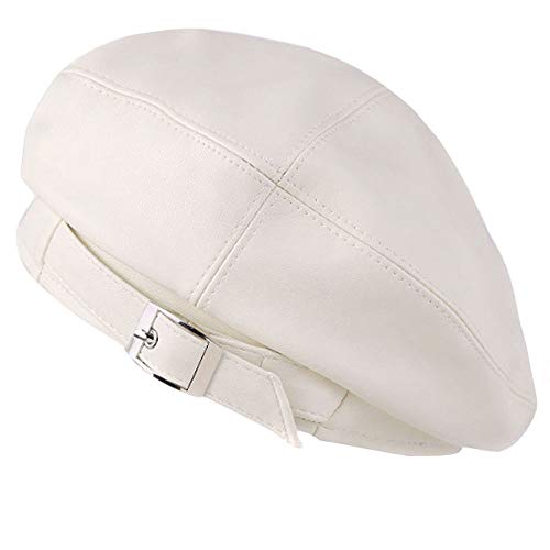 Women Classic PU Leather French Beret Hat Adjustable Solid Color Artist Painter Cap French Beanie Hat White