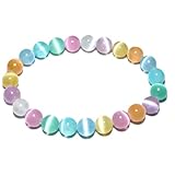 8mm Rainbow Selenite Bracelet - Iridescent Natural Crystal | Handmade Meditation Bracelet with Cat-Eye Effect | Come with Beading Tool Kit - Adjustable to 6.5-7.5 inches Wrist Size