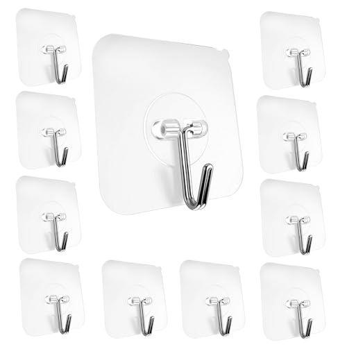 Image of Round Hooks for Wall Without Drilling, 10 Pack Self Adhesive Hooks for Wall Heavy Duty Strong Nail Free for Hanging Photo Frame Stainless Steel