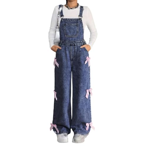 Girls Bow Denim Overalls Straight Wide Leg Jean Jumpsuit Adjustable Straps Stretchy Dungarees Pants for Teen 8-15Years