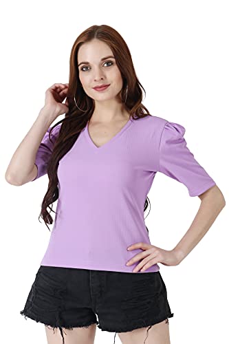 Image of POPWINGS Casual Solid Puff-Sleeves Crop Top for Women || V-Neck Crop Top for Women || Half-Sleeves Summer Crop Top for Women || Crop Tops for Women Fancy Crop Top for Women
