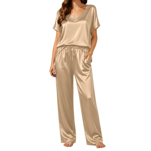 Womens Satin Pajamas Set Silk Loungewear V Neck Top and Pants - image 5