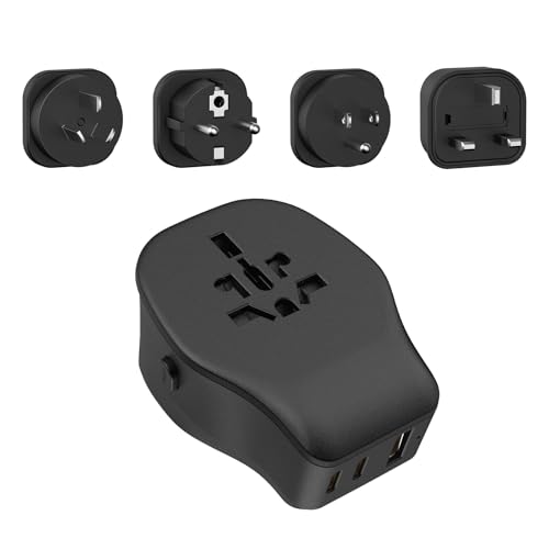 JSVER Adaptador Enchufe Universal con 4 Enchufes reemplazables, Enchufe Universal Viaje con 2 USB C PD 20W y 1 USB Carga rápida, Travel Plugs para USA, UK, Irland, Austuralia,Más de 150 Países-Negro