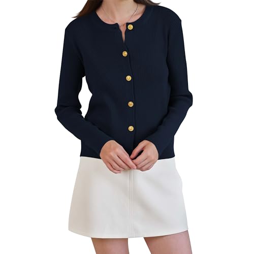 Women's Cardigan Sweater Lightweight Button Long Sleeve Top Fall Crew Neck Knit Solid Jackets Outfits