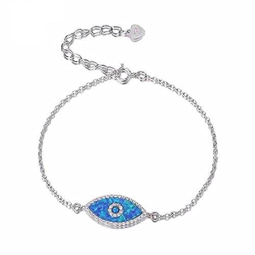 Custom Blue Opal Evil Eye Bracelet - 925 Sterling Silver Evil Eye Bracelet with CZ Stones, Protection Arm Band for Women, 7 + 1 Inch Extension