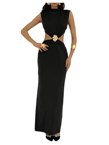 GORGLITTER Women's Metal Cut Out Bodycon Maxi Dresses Mock Neck Sleeveless Summer Wedding Guest Long Dress