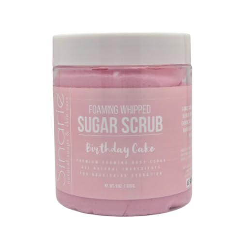 Sinarie Foaming Whipped Sugar Scrub – 8 oz | Gentle Exfoliant with Mango Butter & Coconut Oil for Smooth, Glowing Skin (8 oz., Birthday Cake)