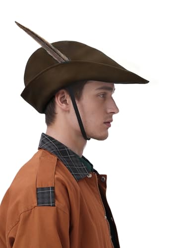 PROCOS Renaissance Robin Hat with Feather Felt Bycocket Hunter Hats Medieval Accessory for Mens Womens