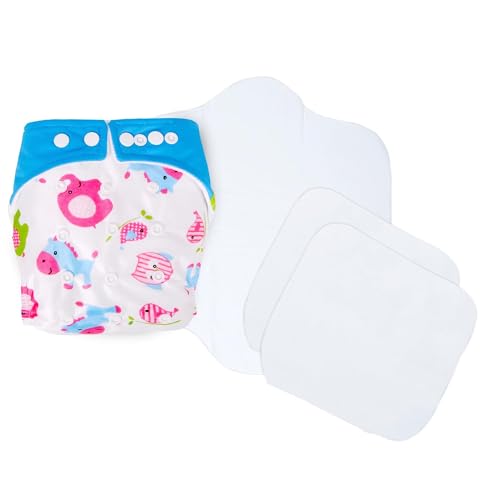 Image of Ambaby Cloth Diapers Combo Pack Quick Dry Comfort Gots Certified Free Size Button Adjustable, Washable, Reusable, Multilayered Cotton Pads And Boosters, Birds And Animals Blue Printed - Pack Of 2