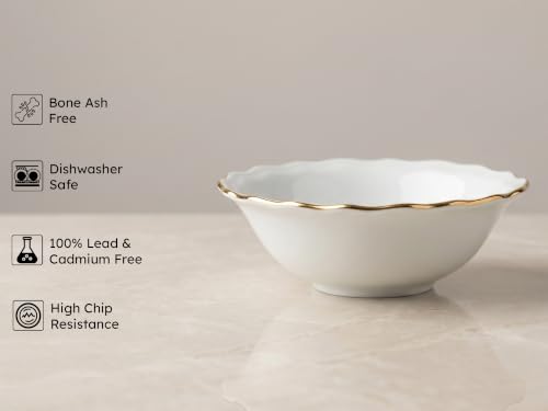 Image of Bodhi House 2-Piece Gold Rim Porcelain Serving Bowl Set | Lightweight, Chip Resistant, | Dishwasher Safe | Elegant Tableware for Home Dining, Parties, Serving & Gifting Use | White