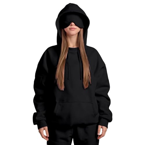 Travel Hoodie with Eye Mask Built In, Comfort Hoodies Airplane Mode Wearable Blanket Sweatshirts for Adult Women Men