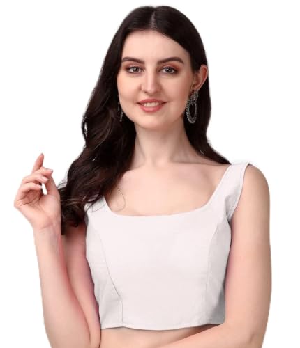 Pujia Mills White Blouse for Women | U Neck Mono Banglori Silk Plain Back Open Sleeveless Blouse|Blouses for Women Readymade Stylish | Size : 32 to 42 | Wedding Reception Party Engagement Deal