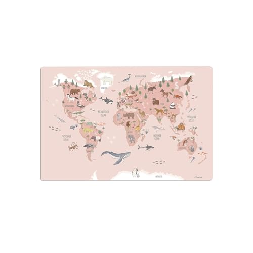 Schreibtischunterlage für Kinder Weltkarte Tiere rosa deutsch 60 x 40 cm Lernunterlage aus langlebigem abwaschbarem Premium Vinyl Desk Pad Mädchen pink - Made in Germany
