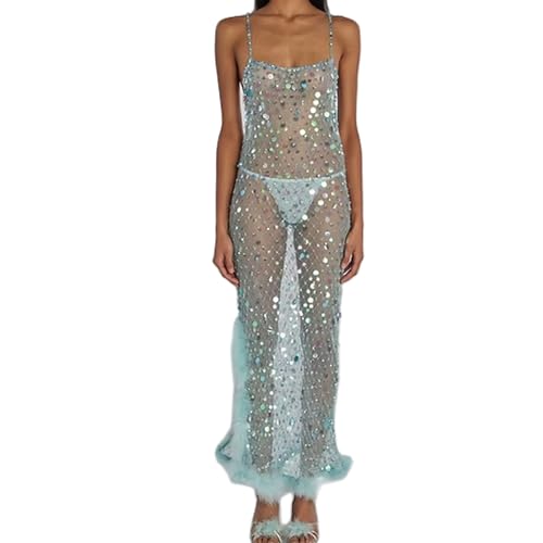 Muineobuka Women Sequin Sheer Mesh Cover Up Dresses See Through Rhinestone Glitter Beach Dresses Bikini Swim Coverups