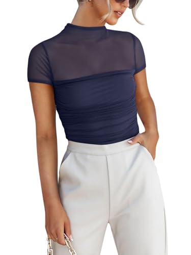 Image of REORIA Women's Sexy Mock Turtle Neck Short Sleeve Shirts Sheer Mesh Ruched Trendy Going Out Bodysuits Tops